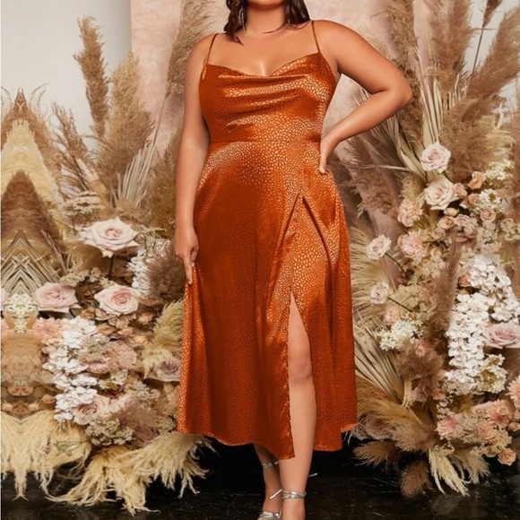 Luxe plus size slit thigh satin maxi dress burnt orange - Picture 1 of 6